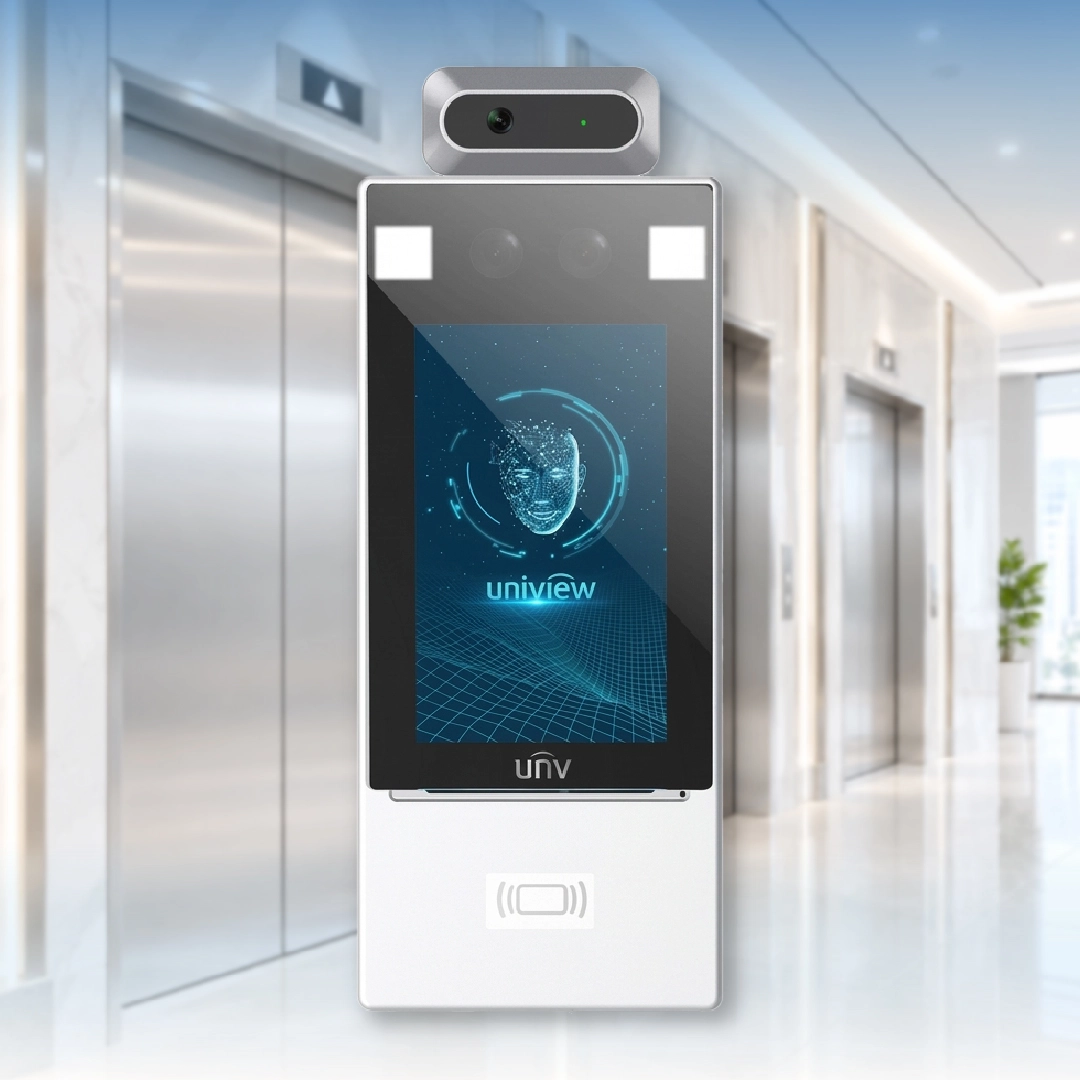 อุปกรณ์ AI Face Recognition Terminal ยี่ห้อ Uniview (UNV) พร้อมระบบแตะบัตร RFID สำหรับติดตั้งในลิฟต์เพื่อควบคุมสิทธิ์และล็อกชั้นอาคาร