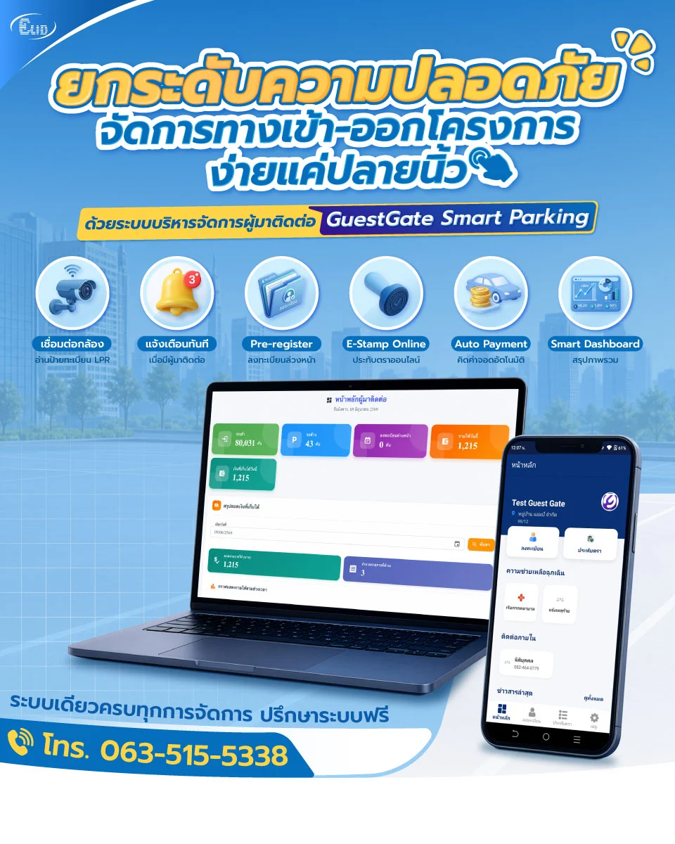 ระบบบริหารจัดการผู้มาติดต่อ GuestGate Smart Parking แสดงหน้าจอโน้ตบุ๊กและแอปพลิเคชันมือถือ พร้อมไอคอนฟีเจอร์ LPR Pre-register E-Stamp และ Auto Payment