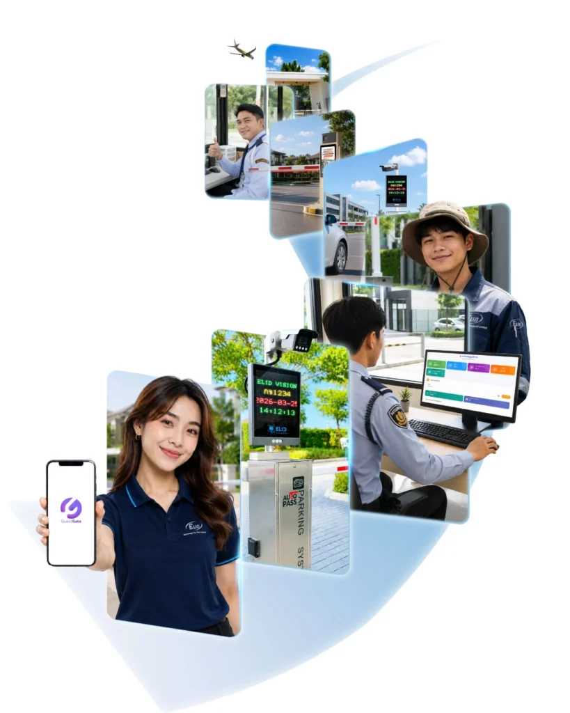 ภาพรวมระบบบริหารจัดการผู้มาติดต่อ GuestGate Smart Parking ครบวงจร ทั้งแอปพลิเคชัน ไม้กั้นรถยนต์ กล้องอ่านป้ายทะเบียน LPR Elid Vision และเจ้าหน้าที่ดูแลระบบ