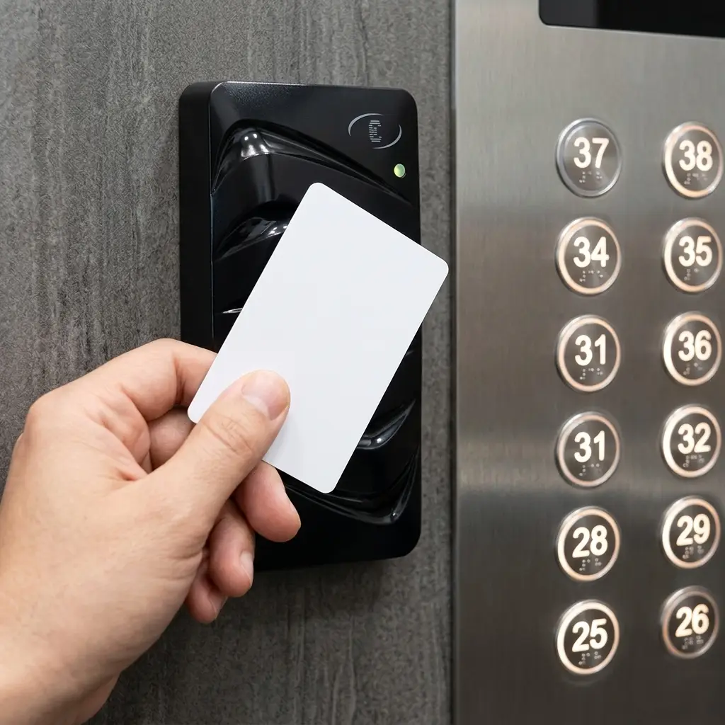ผู้ใช้งานแตะคีย์การ์ดสีขาวกับเครื่องอ่าน RFID Reader ข้างแผงกดปุ่มลิฟต์ ระบบคีย์การ์ดล็อกชั้นสำหรับคอนโดและอาคารสูง